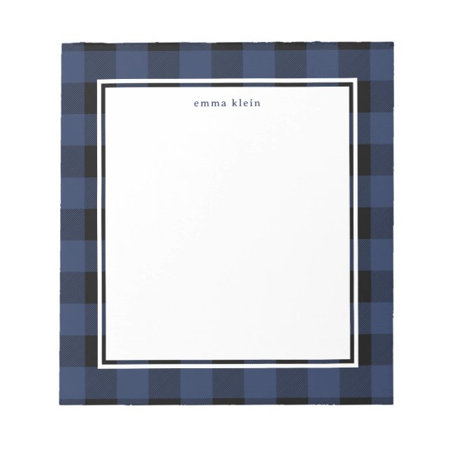 Navy Blue Buffalo Plaid Tartan Name Notepad (Front)