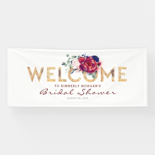Navy Blue Burgundy and Gold Bridal Shower Banner (Horizontal)