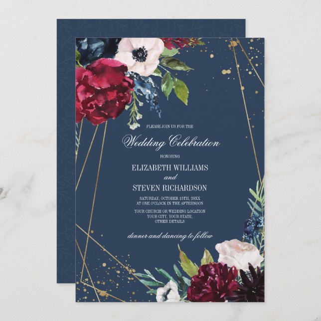Navy Blue | Burgundy Bloom Geometric Wedding Invitation (Front/Back)
