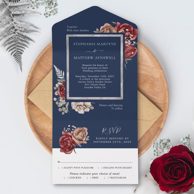 Navy Blue Burgundy Bloom Roses Botanical Wedding All In One Invitation (Creator Uploaded)