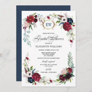 Navy Blue, Burgundy Bloom Watercolor Bridal Shower Invitation
