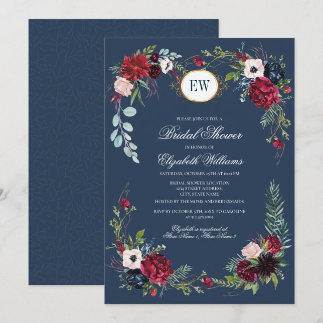 Navy Blue, Burgundy Bloom Watercolor Bridal Shower Invitation (Front/Back)