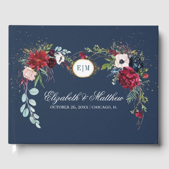 Navy Blue | Burgundy Bloom Watercolor Wedding Guest Book (Front)