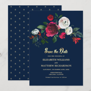 Navy Blue   Burgundy  Bloom Wedding Save the Date Invitation