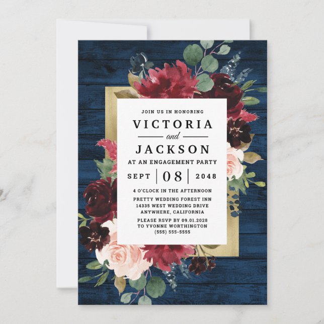 Navy Blue Burgundy Blush and Gold Engagement Party Invitation (Front)