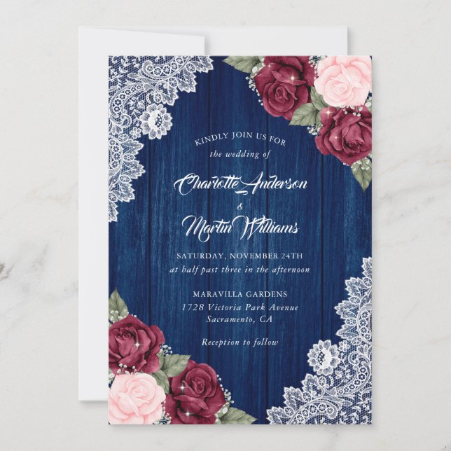 Navy Blue Burgundy Blush Barn Wood Lace Wedding Invitation (Front)