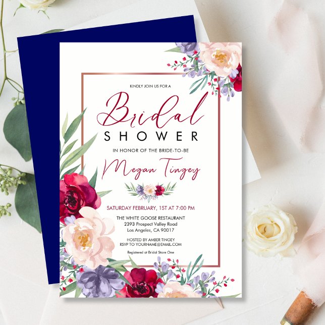 Navy Blue Burgundy  & Blush Floral Bridal Shower Invitation (Creator Uploaded)