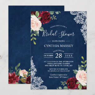 Navy Blue Burgundy Blush Floral Lace Bridal Shower Invitation