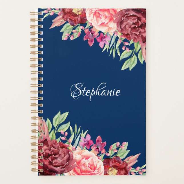 Navy Blue Burgundy Blush Floral Personalized Planner (Front)