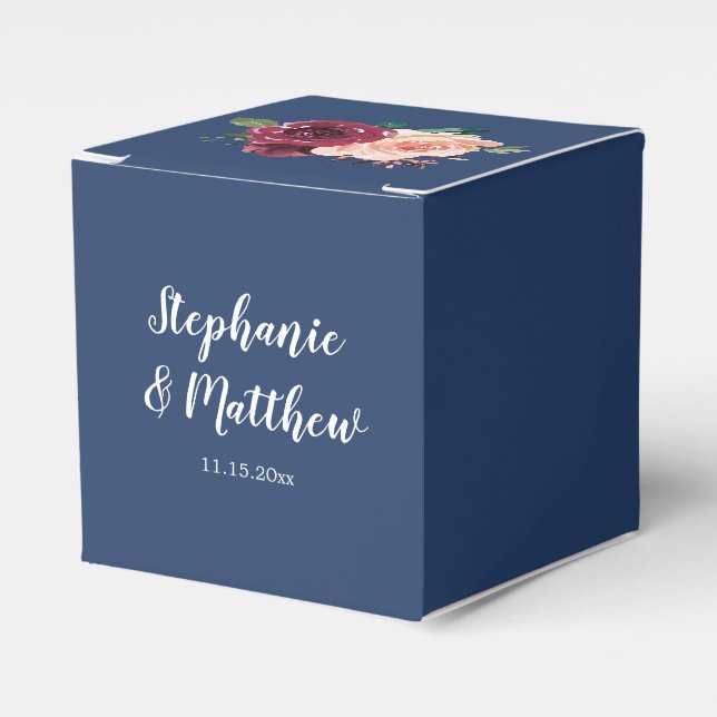 Navy Blue Burgundy Blush Floral Wedding Favor Box (Front Side)
