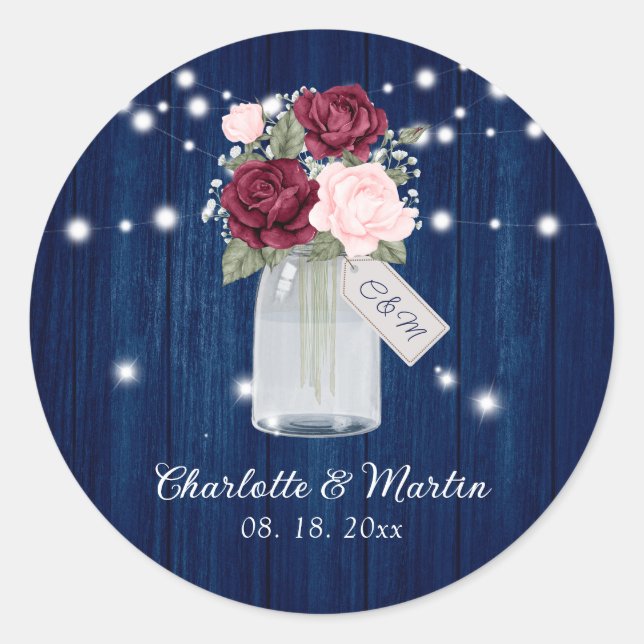 Navy Blue Burgundy Blush Mason Jar Floral Wedding Classic Round Sticker (Front)