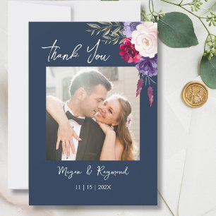 Navy Blue Burgundy & Blush Modern Floral Wedding Thank You Card