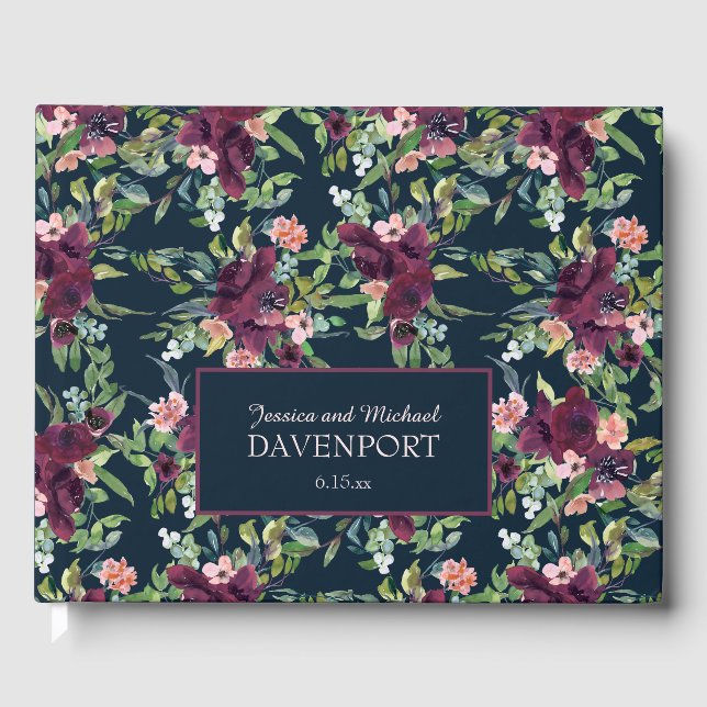 Navy Blue Burgundy Blush Pink Floral Wedding Guest Book (Front)