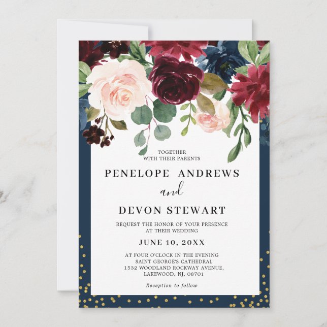 Navy Blue Burgundy Blush Pink Floral Wedding Invitation (Front)