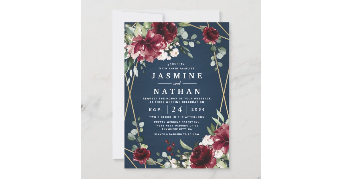 Navy Blue Burgundy Blush Pink Gold Floral Wedding Invitation | Zazzle