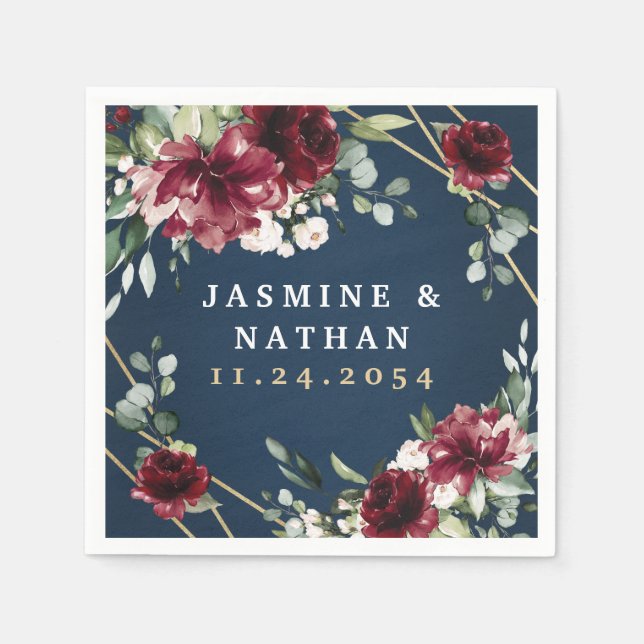 Navy Blue Burgundy Blush Pink Gold Floral Wedding Napkin (Front)