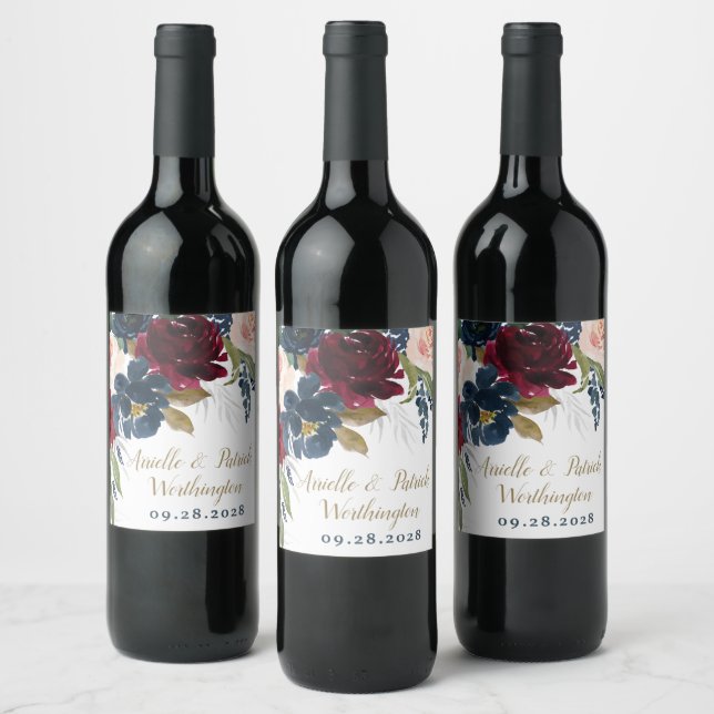 Navy Blue Burgundy Blush Pink Silver Gold Wedding Wine Label (Bottles)