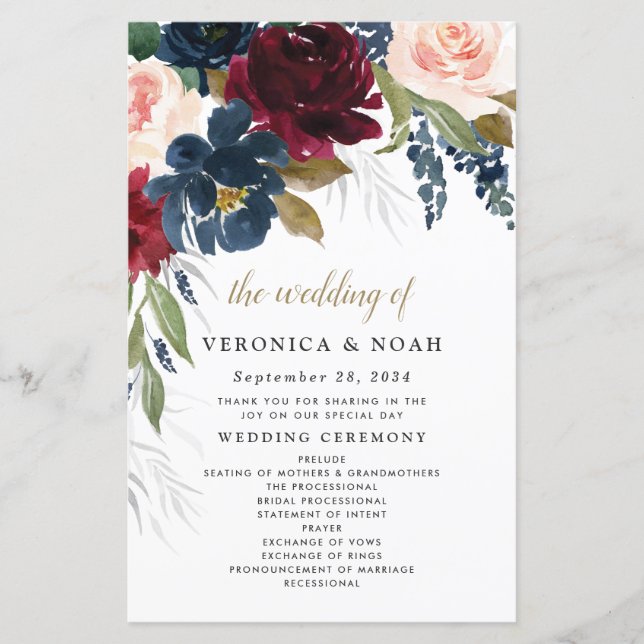 Navy Blue Burgundy Blush Pink Wedding Programs (Front)