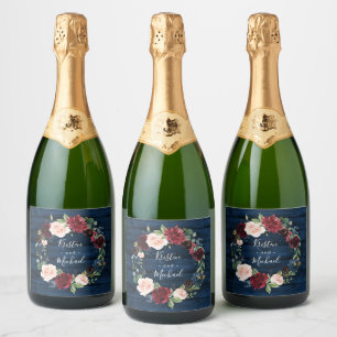 Navy Blue Burgundy Blush Watercolor Wreath Wedding Sparkling Wine Label