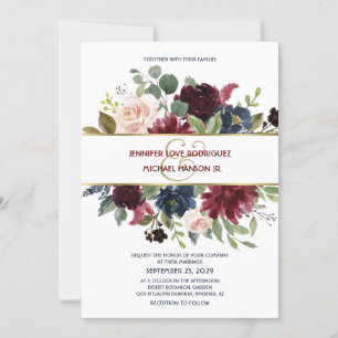 Navy Blue & Burgundy Boho Floral Wedding Invite