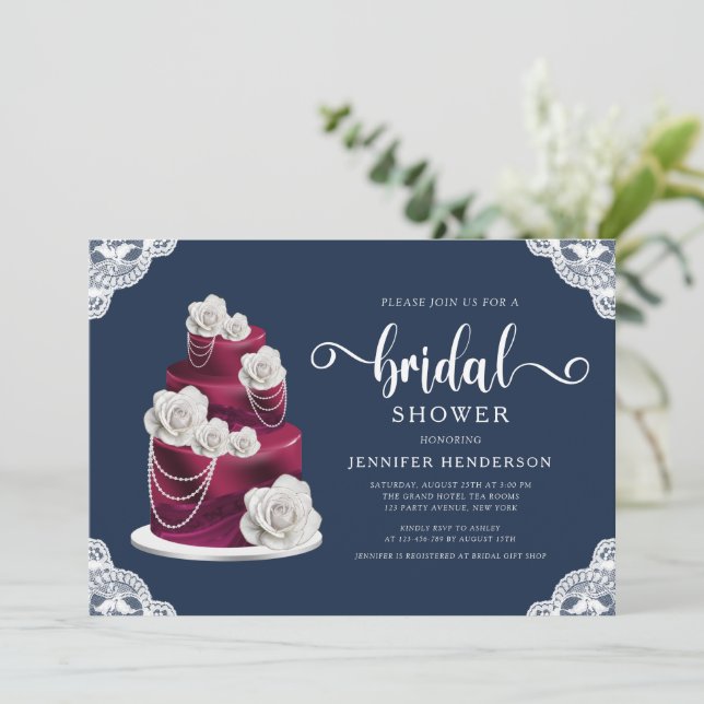 Navy Blue Burgundy Cake & Lace Bridal Shower Invitation (Standing Front)
