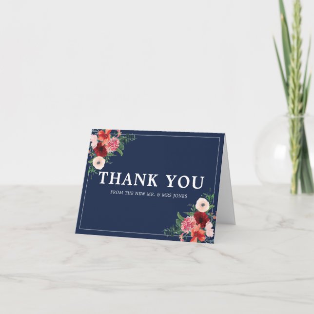 Navy Blue Burgundy Coral Floral Wedding Thank You Note Card (Front)