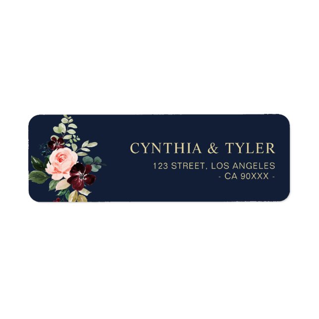 navy blue burgundy floral address label (Front)