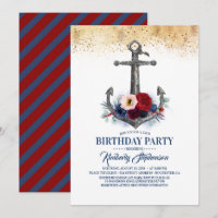 Navy Blue Burgundy Floral Anchor Nautical Birthday