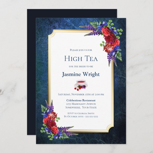 Navy Blue Burgundy Floral Bridal High Tea Invitation (Front/Back)
