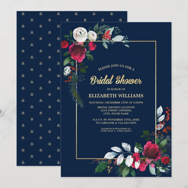 Navy Blue Burgundy Floral Bridal Shower Invitation (Front/Back)