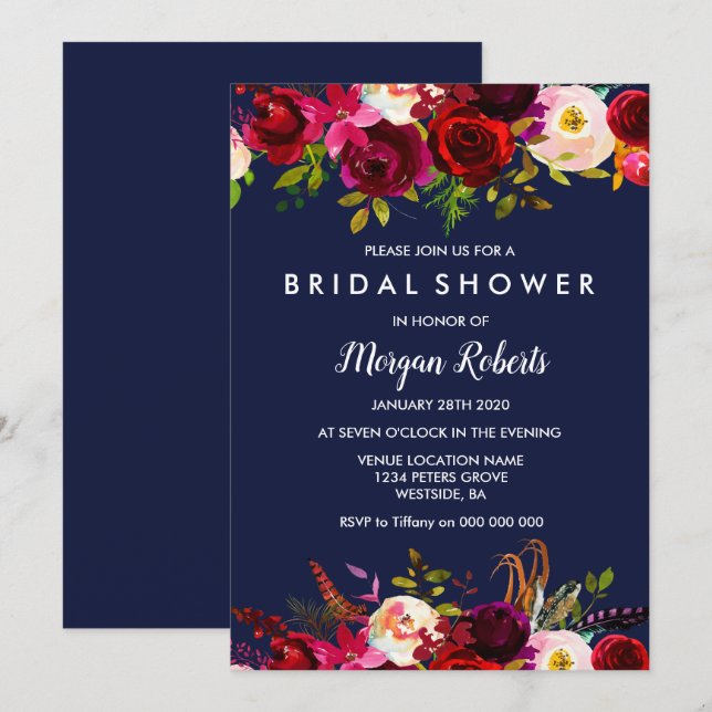 Navy Blue Burgundy Floral Bridal Shower Invitation (Front/Back)