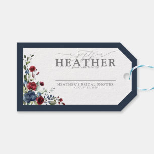 Navy Blue Burgundy Floral Bridal Shower No Wrap Gift Tags
