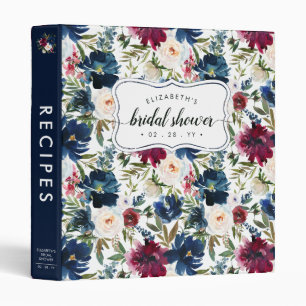 Navy Blue Burgundy Floral Bridal Shower Recipe Binder