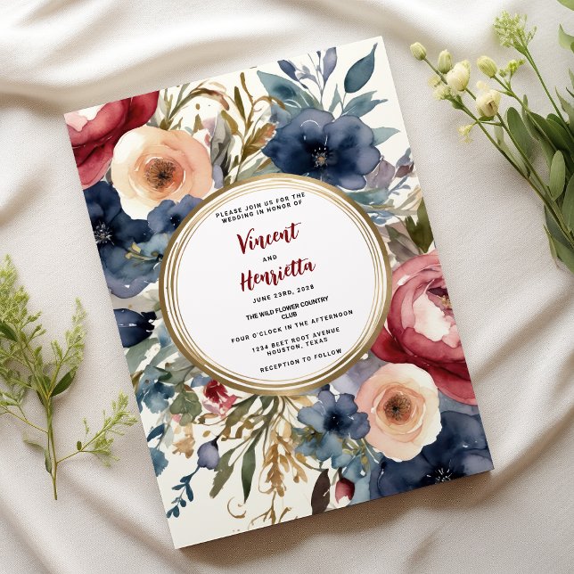Navy blue burgundy floral country chic Wedding Invitation (Navy blue burgundy floral country chic Wedding)