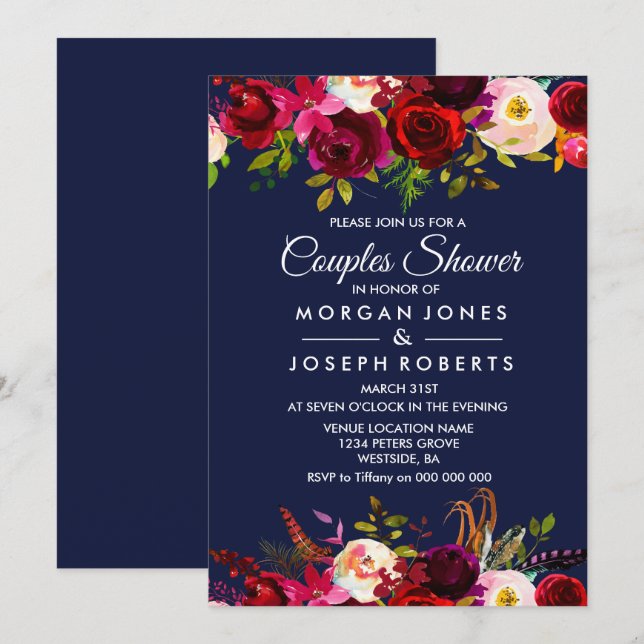 Navy Blue Burgundy Floral Couples Shower Invite (Front/Back)