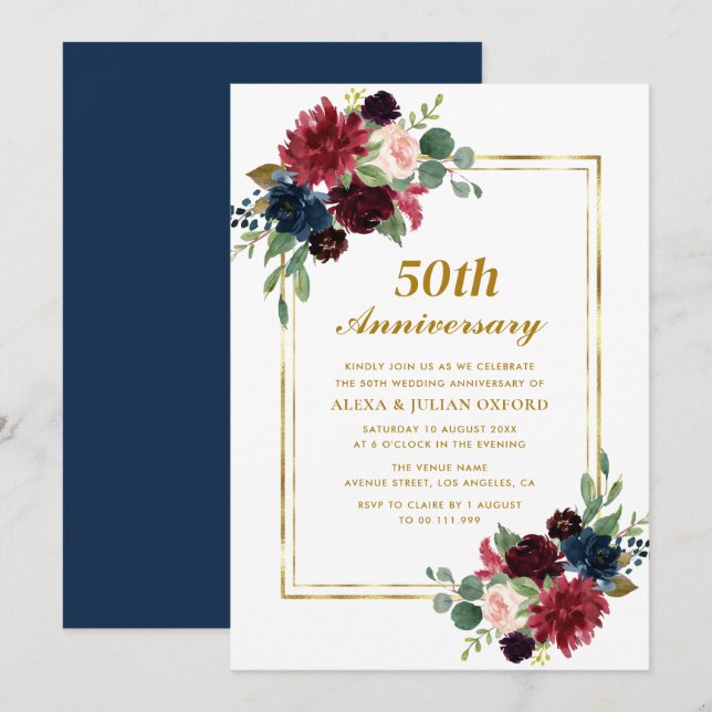 navy blue burgundy floral frame 50th anniversary invitation (Front/Back)