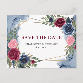 Navy Blue Burgundy Floral Geometric Save The Date  Announcement Postcard