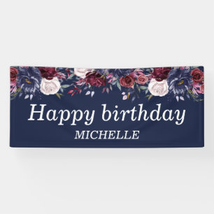 Navy Blue Burgundy Floral Happy Birthday Name Banner