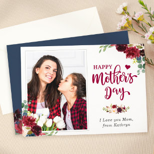 Navy Blue Burgundy Floral Happy Mother's Day Photo Card