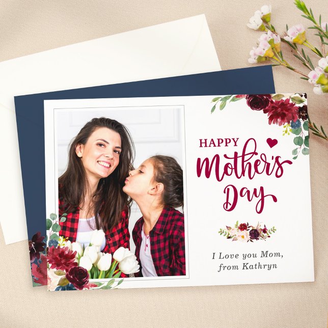 Navy Blue Burgundy Floral Happy Mother's Day Photo Card (Creator Uploaded)