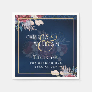 Navy Blue Burgundy Floral Lace Wedding Napkin