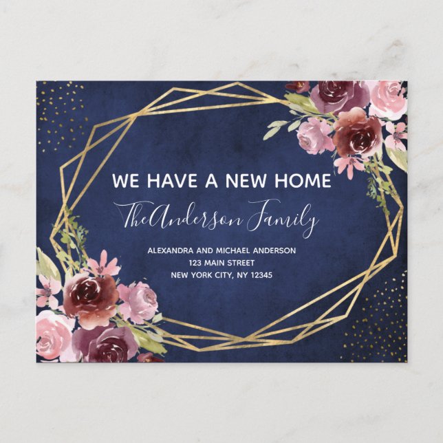 Navy Blue Burgundy Floral Moving Announcement (Front)