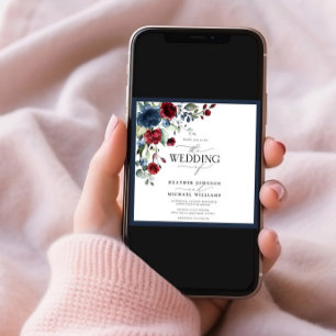 Navy Blue Burgundy Floral Watercolor Script Invitation