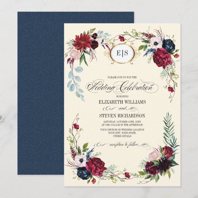 Navy Blue | Burgundy Floral Watercolor Wedding Invitation (Front/Back)