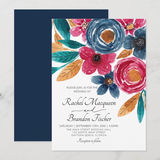 Navy Blue Burgundy Floral Watercolor Wedding Invitation (Front/Back)