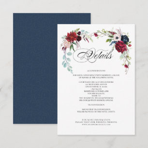 Navy Blue Burgundy Floral Wedding Detail Cards