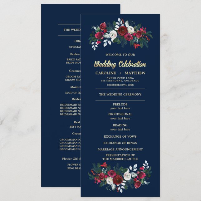 Navy Blue Burgundy Floral Wedding Flat Programs (Front/Back)