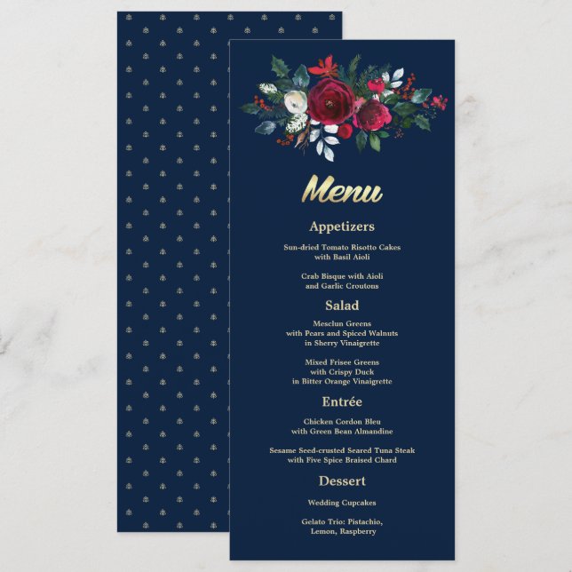 Navy Blue Burgundy Floral Wedding Menu Cards (Front/Back)