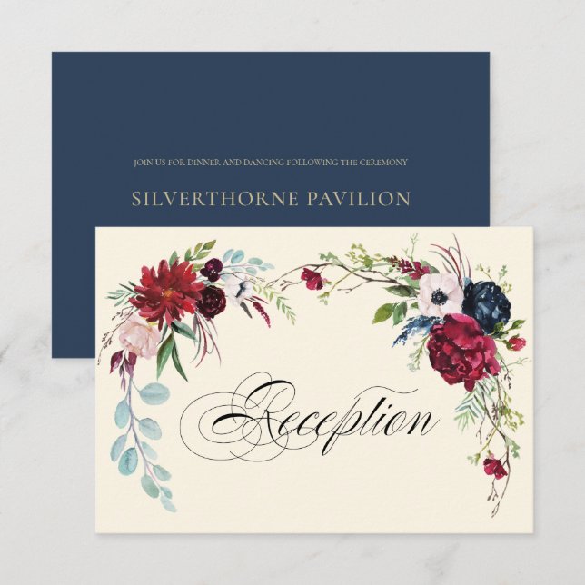 Navy Blue | Burgundy Floral Wedding Reception Card (Front/Back)