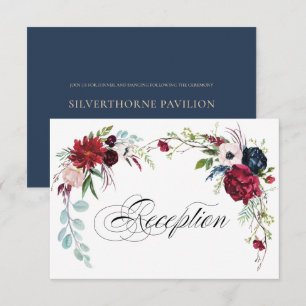 Navy Blue   Burgundy Floral Wedding Reception Invitation